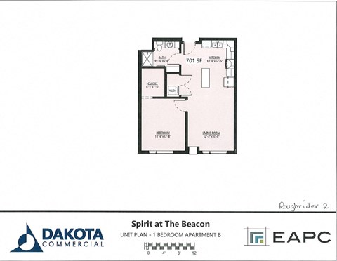 Floor plan for 1 bed, 1 bath, 743 sqft